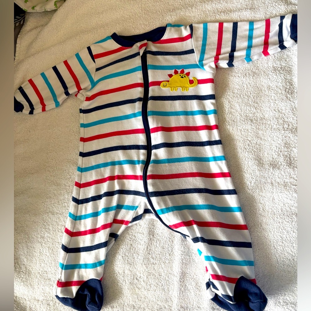 Tuffy Striped Kids One Piece with Dinosaur Patch size 3mths
